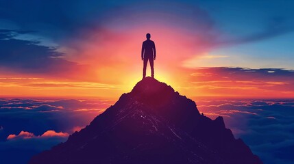 Fototapeta premium Silhouette of a Man Standing on a Mountaintop at Sunset Above the Clouds