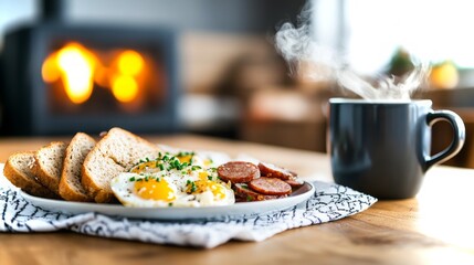 Rustic Polish kitchen with hearty breakfast on a wooden table in warm, cozy atmosphere