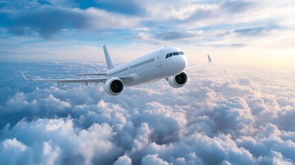 Fototapeta premium Airplane flying above clouds during daylight against blue sky