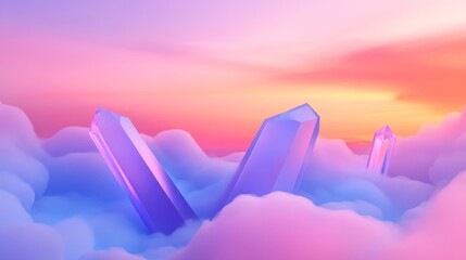 Fototapeta premium Ethereal landscape featuring vibrant crystal formations emerging from soft, colorful clouds at sunset
