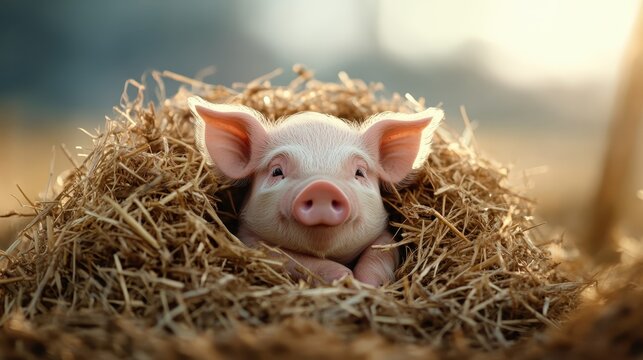 A cute piglet peacefully resting among hay bales, evoking feelings of warmth, innocence, and charm while capturing the essence of rural life and animal cuteness.