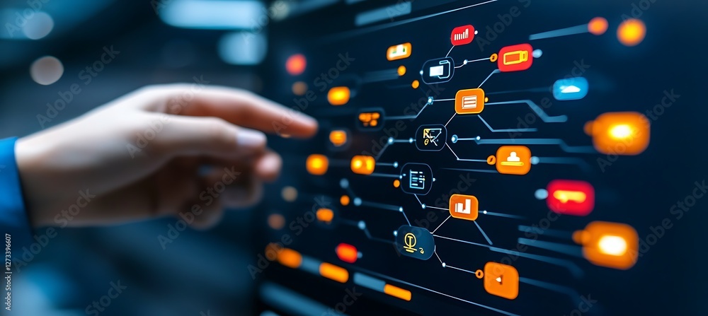 Poster hand interacting with a complex network of digital icons on a screen