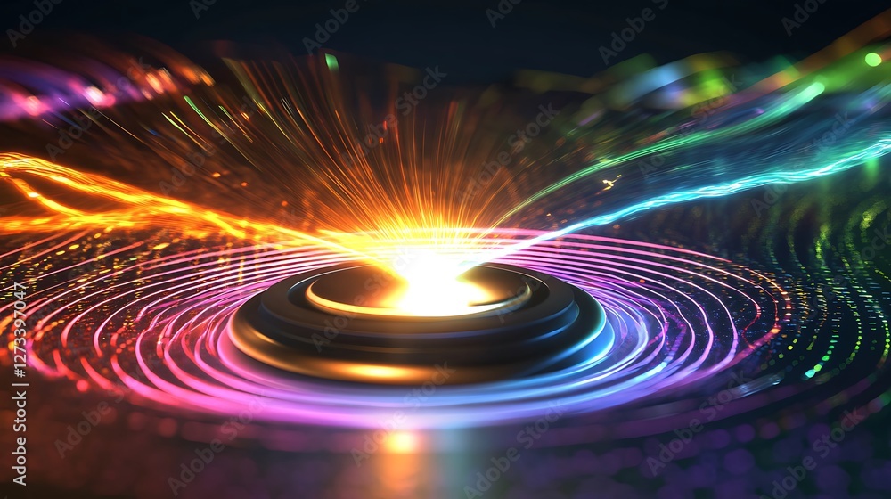 Poster abstract energy source with colorful light streams and circular pattern