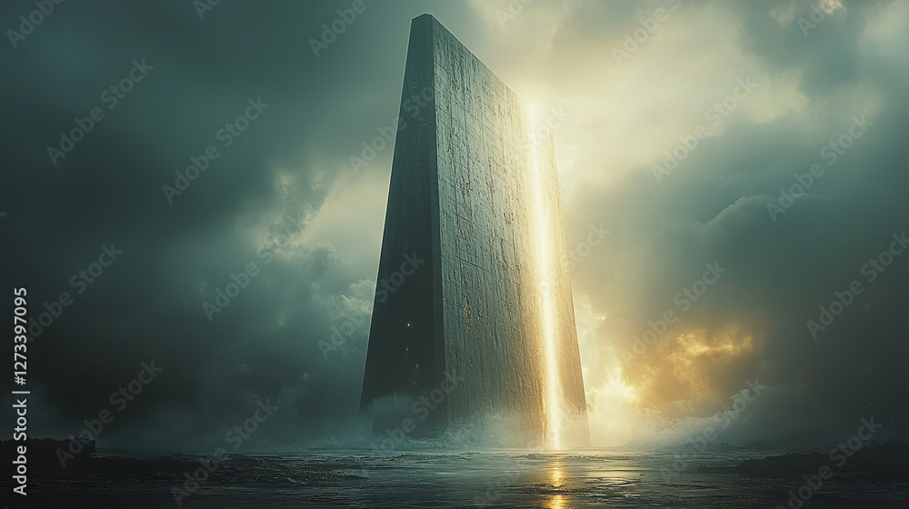 Poster colossal interstellar gateway hovers over an exotic alien landscape filled with advanced structures 