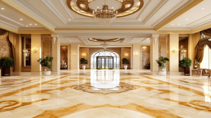 Obraz premium Grand hotel lobby with marble flooring, artistic decor, and a luxurious waiting area.