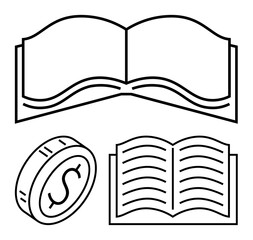 Open book, pages, and coin line art conveying themes of learning, education, money management, and finance. Ideal for education, economics, saving budgeting reading academia and abstract line