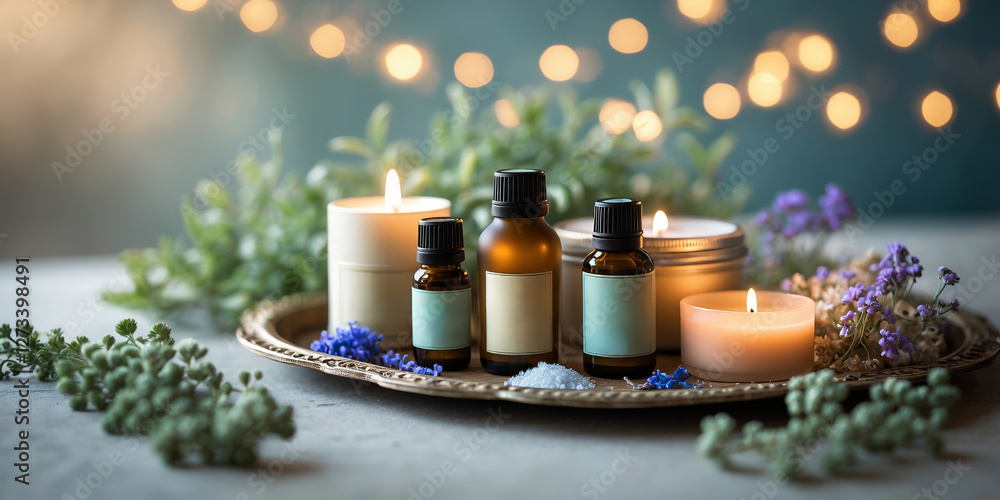 Poster relaxing aromatherapy setup with candles and essential oils in a serene environment