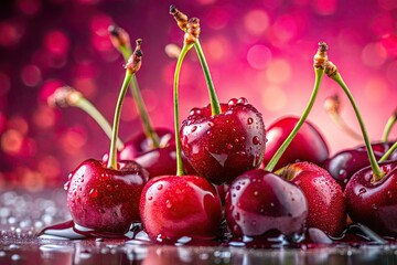Close-up of a juicy cherry, bathed in soft pink light.