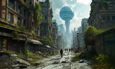 Post-apocalyptic city street, survivors walk towards giant sphere, overgrown buildings, dystopian future, game concept art