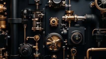 Fototapeta premium Industrial Pipe System with Brass and Black Details Close-Up