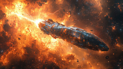Fototapeta premium Futuristic time-traveling vehicle hovering within a glowing rift surrounded by crackling energy, merging eras in a highly detailed sci-fi concept