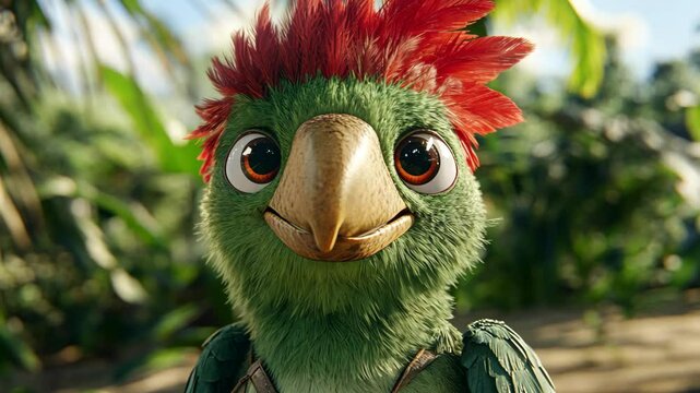 Colorful animated parrot character smiling in a lush tropical setting during daytime
