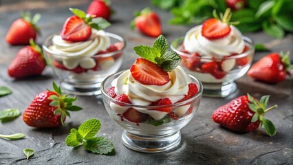 Cold Summer Strawberry Dessert, Tilt-Shift Whipped Cream Glass Bowls, Gray Kitchen Background, Close-up