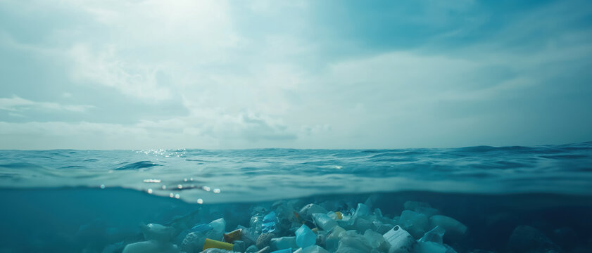 Pollution impacts ocean health with plastic debris floating beneath a cloudy sky