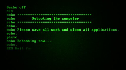 Computer screen animation of DOS rebooting warning text information