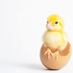 A newly hatched chick breaking out of its eggshell. The chick looks adorable and yellow, representing new beginnings and the cycle of life.