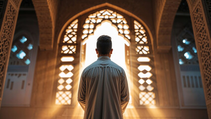 Naklejka premium A man finds solace in a mosque as sunlight illuminates the ornate architecture, creating a peaceful sanctuary.