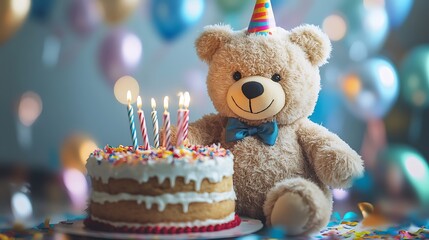 Stuffed bear with a birthday cake surrounded by confetti and streamers