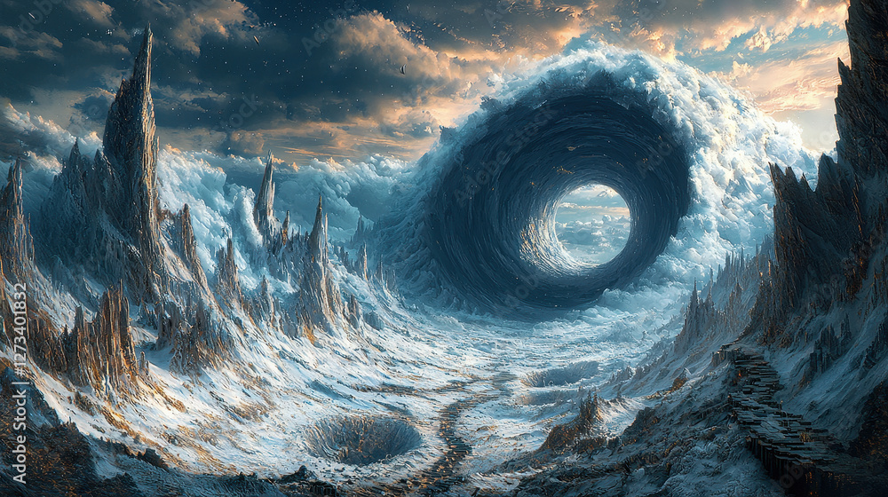Poster surreal time spiral showcasing trapped planets and ancient civilizations in cosmic loops within deep