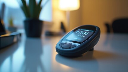 A glucose testing device on a clean surface, displaying blood sugar levels. Featuring diabetes care and health tracking