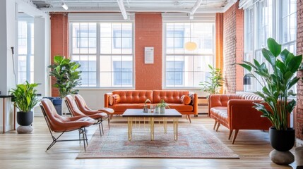 Obraz premium Luxurious coworking space with plush seating and abundant natural light.