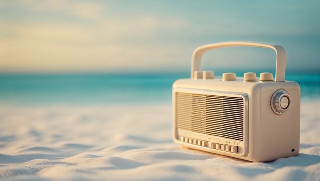 A vintage radio on a white sand beach brings back summer memories with ocean waves.