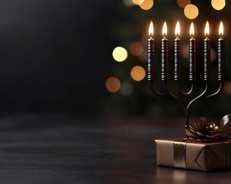 A beautifully lit menorah with candles, symbolizing tradition and celebration during Hanukkah, set against soft bokeh.
