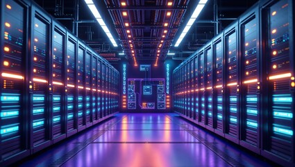 Fototapeta premium Inside a vibrant server room, rows of networked computers light up, showcasing cutting-edge data technology.