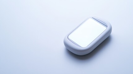 A glucose testing device on a white background, displaying a blood sugar reading. Featuring health monitoring and self-care