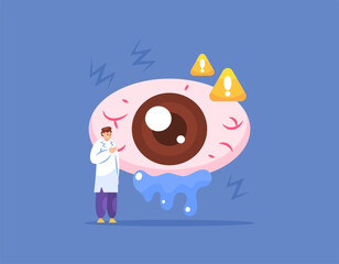 concept of eye health and vision problems. disease, irritated eyes, infection. illustration of an eye specialist or Ophthalmologist examining a red and watery eye. flat style design. elements