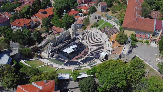 Drone view of Ancient Roman Theatre of Philippopolis in Plovdiv, Bulgaria