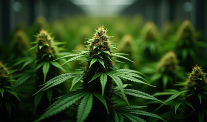 A close-up image of lush cannabis plants thriving in a cultivation facility, highlighting the vibrant green leaves and flowering buds, perfect for illustrating the cannabis industry.