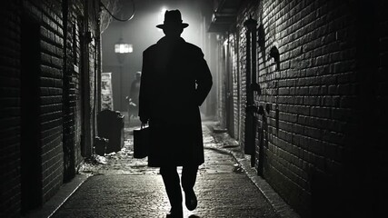 Noir Night, Mysterious Man Walks Down Dark, Wet City Alleyway in Shadow