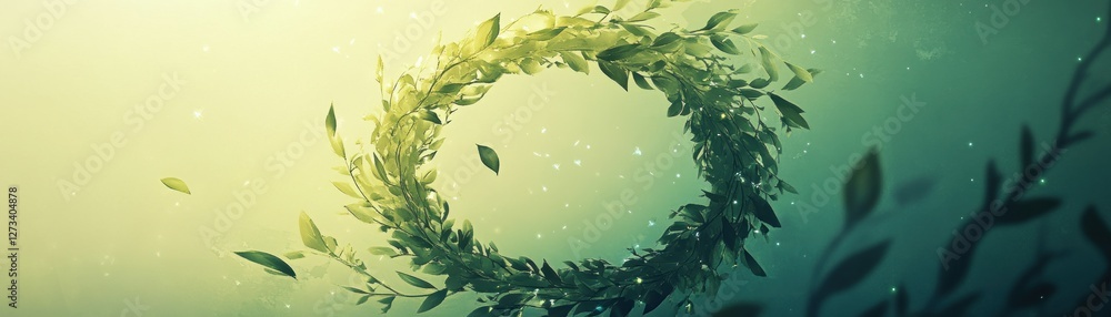Poster wreath formed by leaves against gradient background with bokeh effects