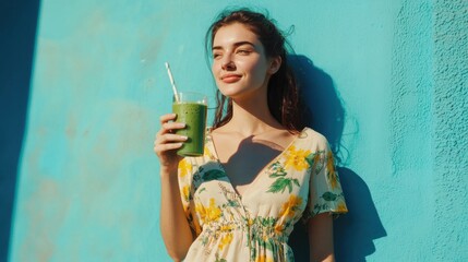 Obraz premium Beautiful woman drinking an organic green smoothie. Fit young woman drinking detox juice using paper straw isolated against blue background. Healthy girl enjoy detox drink and looking away.