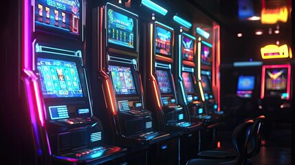 Neon-lit slot machines in a futuristic casino setting. Bright lights, gaming technology, entertainment, gambling, digital screens, modern design, electronic gaming. Generative AI