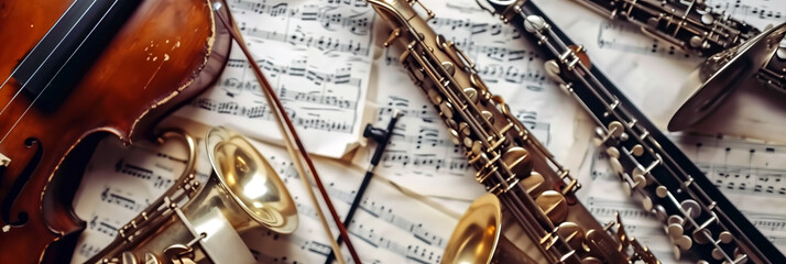 Naklejka premium Various musical instruments lie on sheet music of a symphony