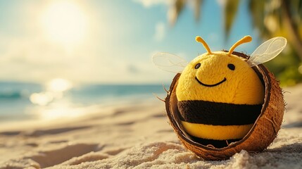 Stuffed bee toy leaning against a beach coconut smiling at the sun