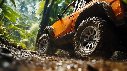 Orange Off Road Vehicle Driving Through Lush Jungle Mud Terrain
