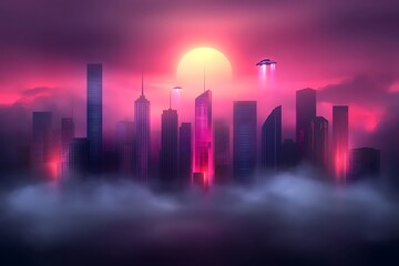 Retro cityscape at sunset featuring flying saucers