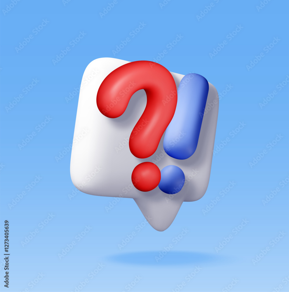 Poster 3d question and exclamation marks in speech bubble. render questions exclamations symbol. thin reali