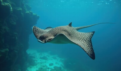 Fototapeta premium A graceful stingray glides effortlessly through a vibrant underwater world, showcasing the beauty of marine life in its natural habitat.