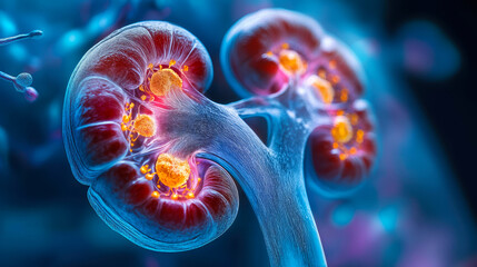 Obraz premium Detailed 3D Illustration of Human Kidney Cross Section Highlighting Internal Anatomy and Structure