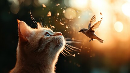Fototapeta premium Beneath the warm sunset glow, a playful cat curiously observes a bird in flight, evoking feelings of adventure, innocence, and the beautiful bond between nature and creatures.