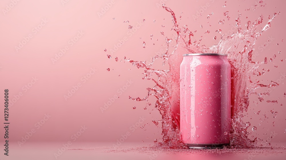 Poster a vibrant pink can bursts with splashes of water, creating a visually stunning display. this image c