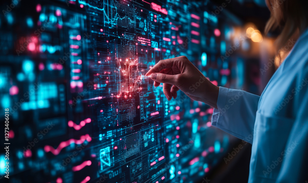 Poster innovative healthcare data analytics process with interactive digital interface highlighting advance
