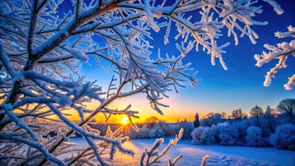Frozen branches glisten under a winter sky, a frosty wonderland captured in crystal detail.