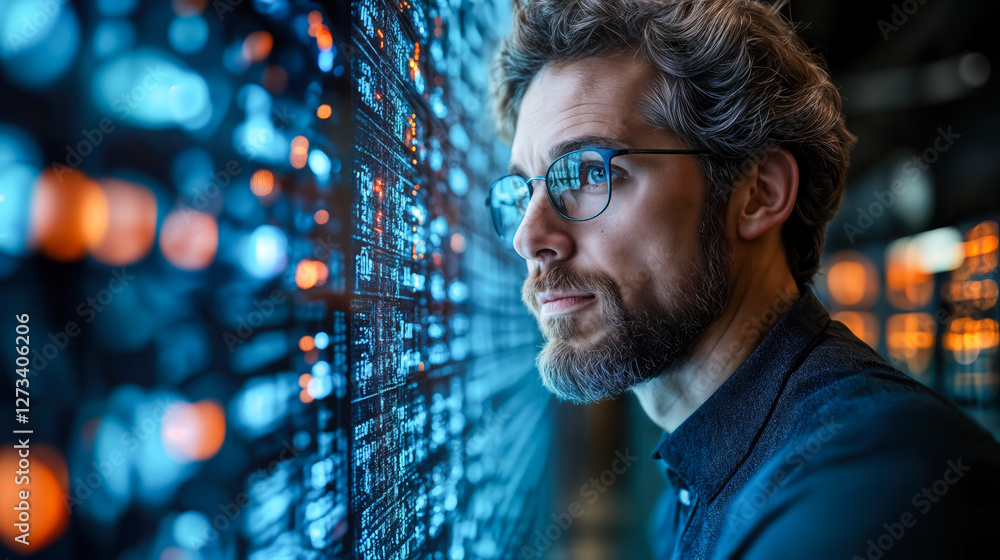 Poster technologist analyzing data visualization in open-source framework for big data management and insig
