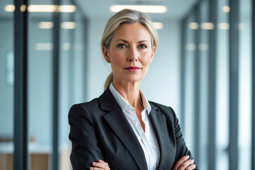 Senior Swiss businesswoman with neutral expression standing confident in modern office background