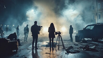 Film crew shooting night scene, smoky urban setting.